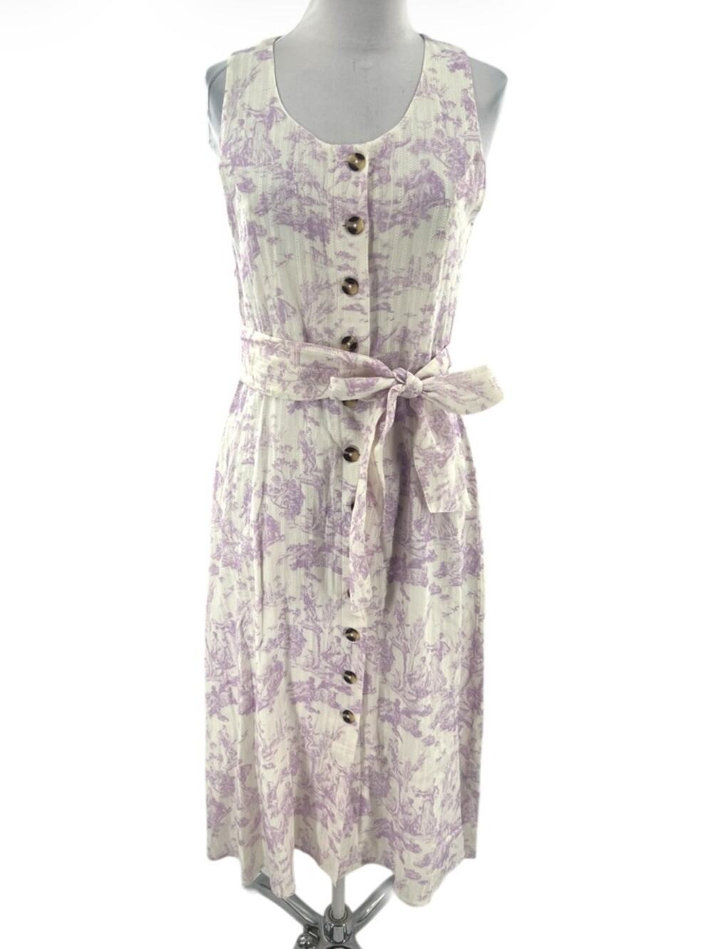 The J. Peterman Company Toile Print Dress Sz 4 purple white button front
